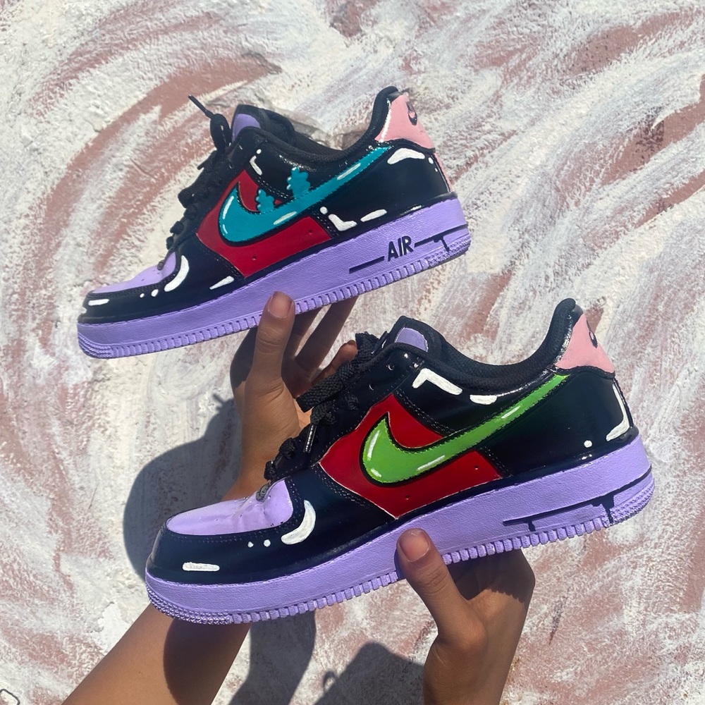 Cute trendy pink purple lime slime custom painted AF1 Nike Sneakers